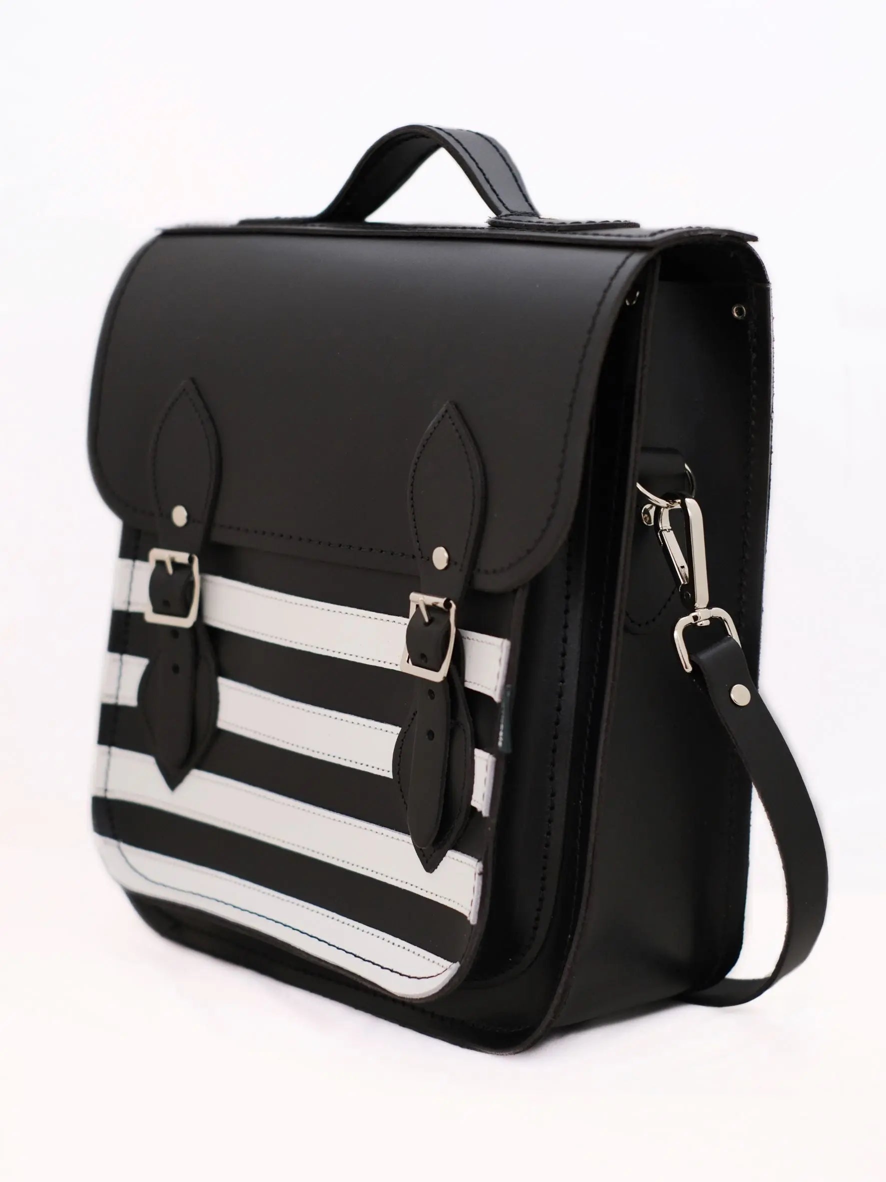 Handmade Leather City Backpack - Gothic Striped White & Black - PipsSuperGoods